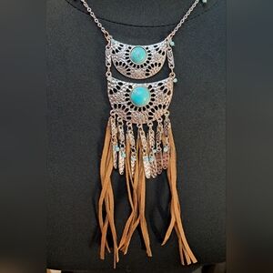 Southwestern Faux Turquoise Silver Tone Long Fringe Necklace
